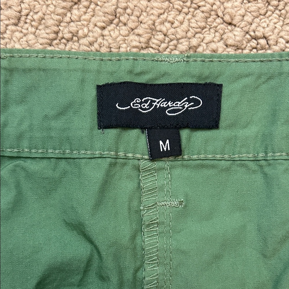 Ed Hardy Olive Green Mini Skirt with Yellow Script Logo - Picture 3 of 3